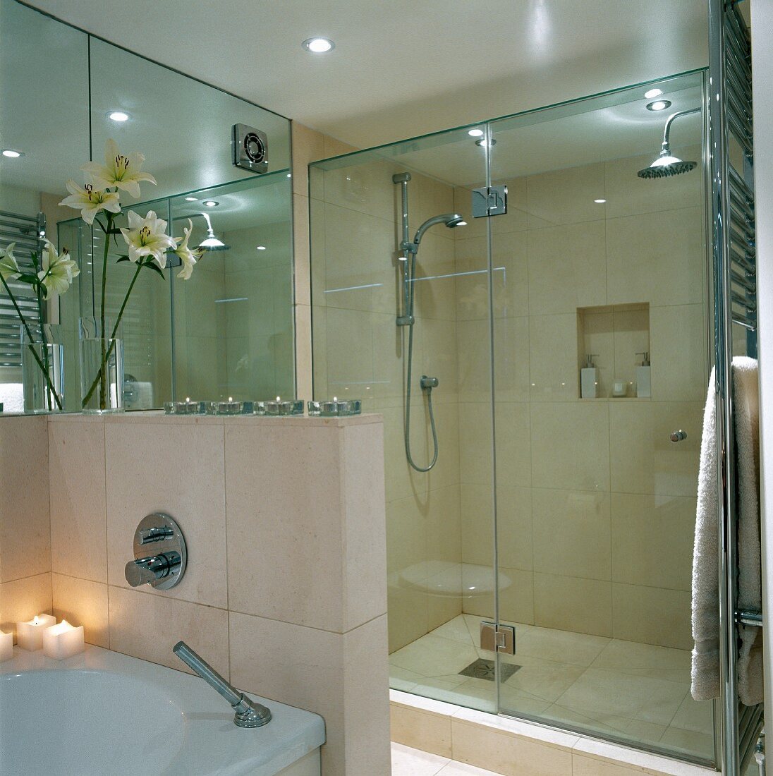 Modern bathroom with glass shower area