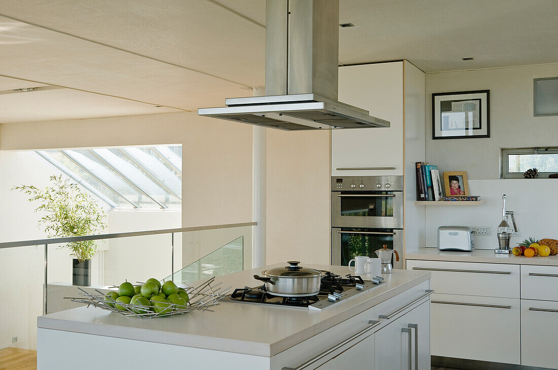 White kitchen with cooking island, built-in appliances and skylights