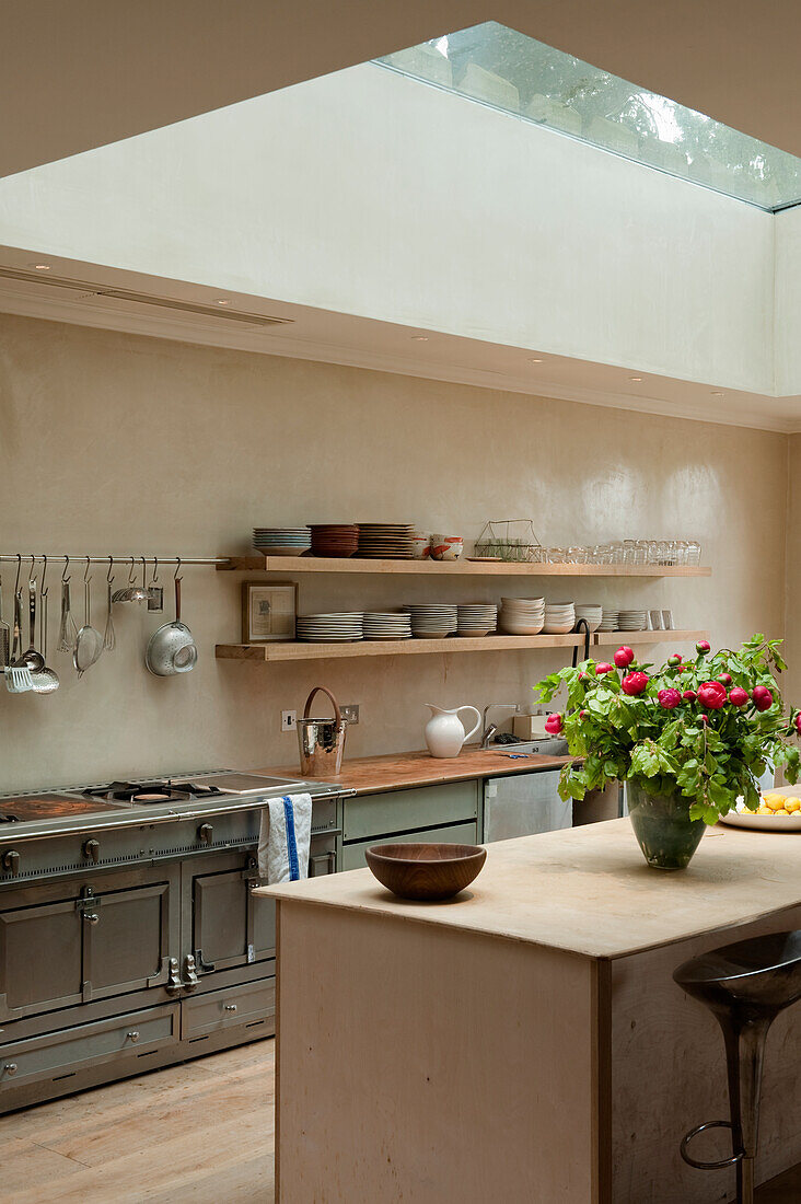 Küche mit Oberlicht und Hängeaufbewahrungssystem