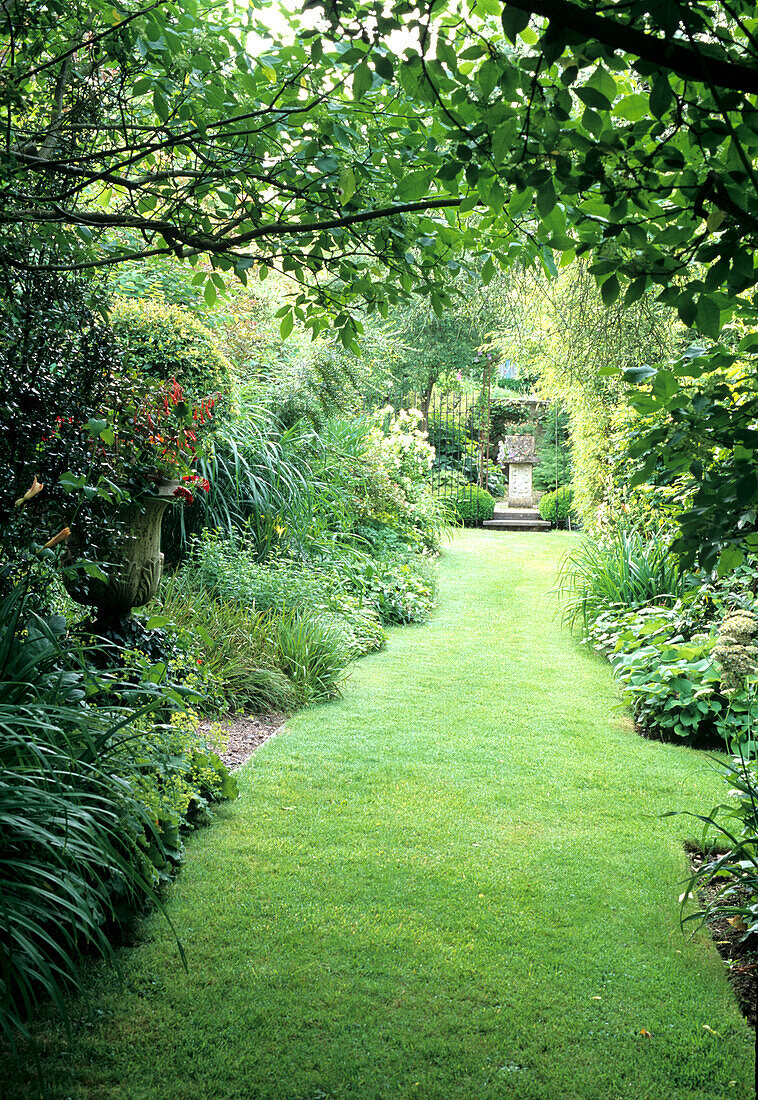 Well-kept garden path surrounded by diverse planting and green areas