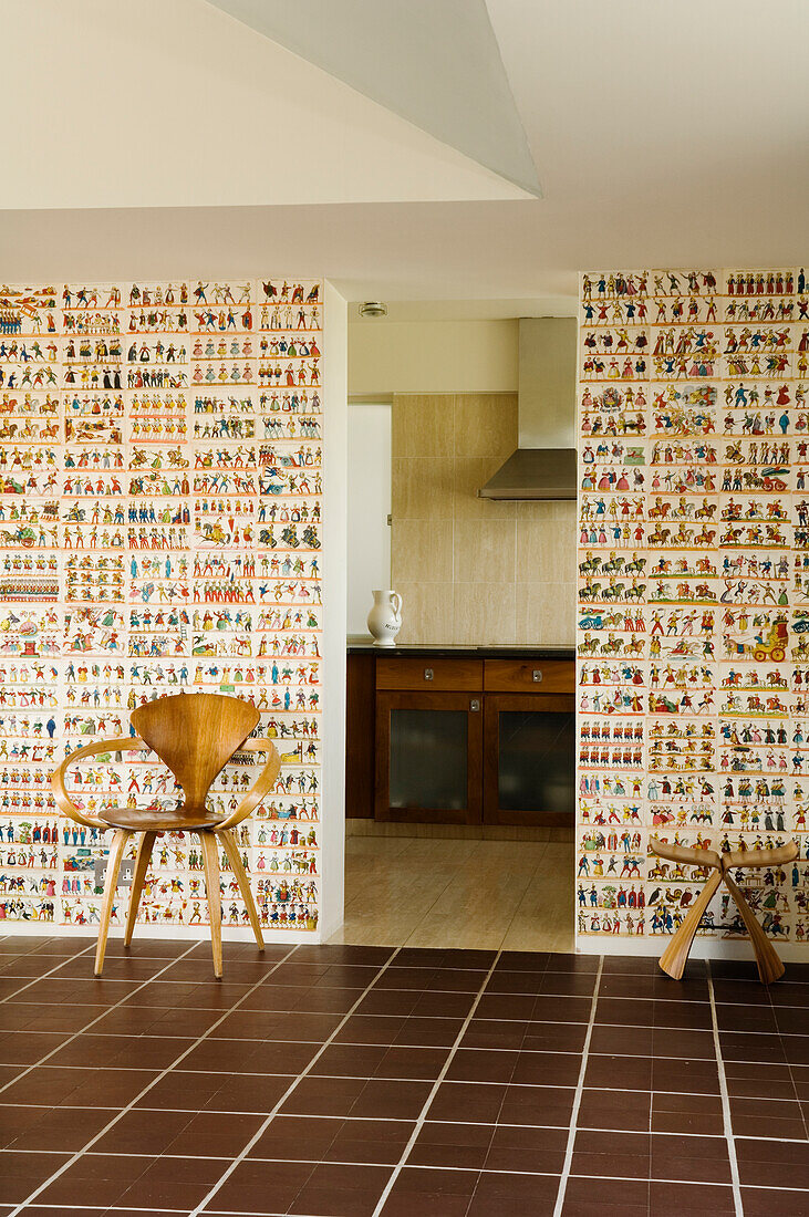 Retro wallpaper with figures in room with chair and tiled floor