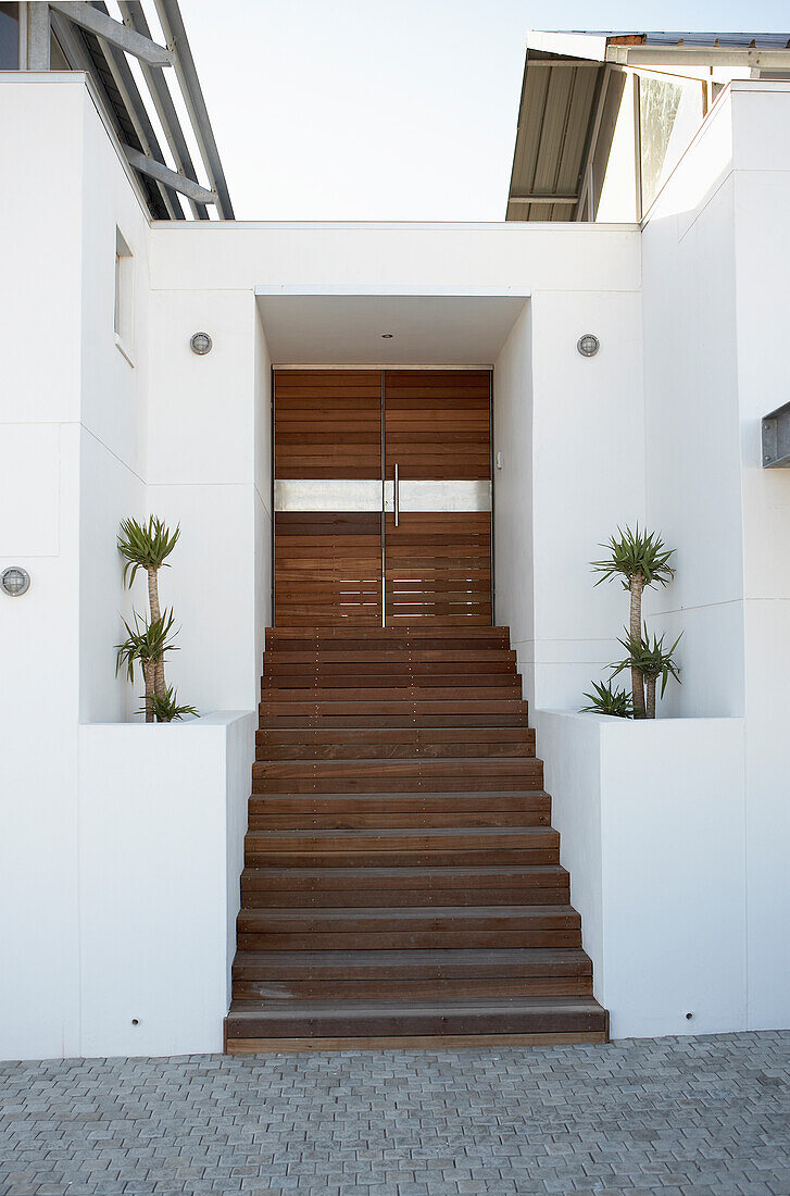 Modern entrance with wooden staircase and plants