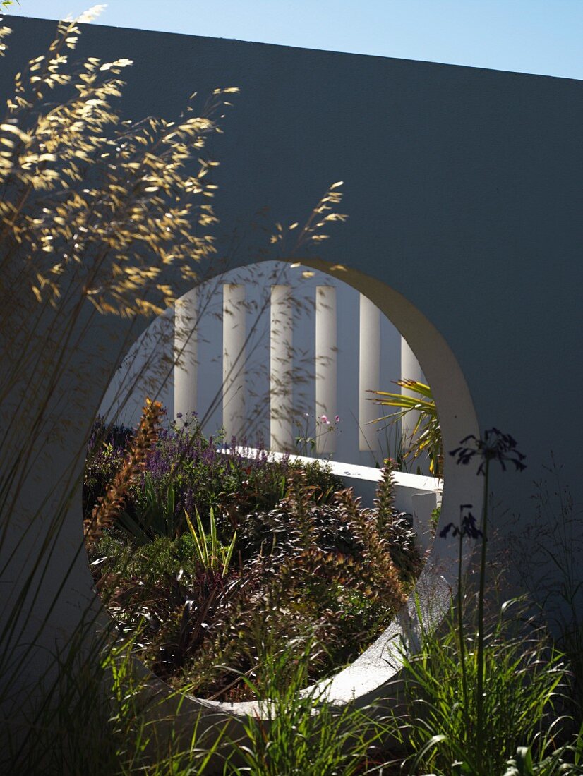 Circular aperture in concrete garden wall with view of plants