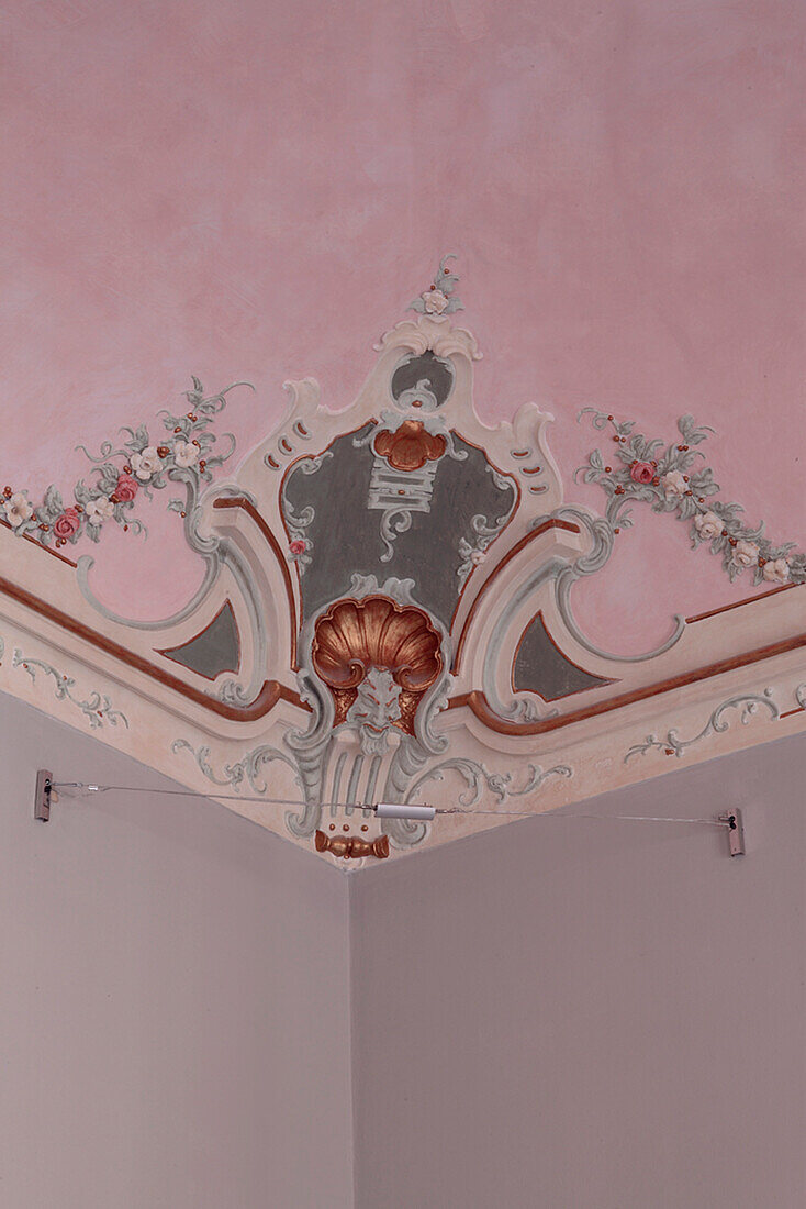 Stucco decorations in pink, red and grey on the ceiling