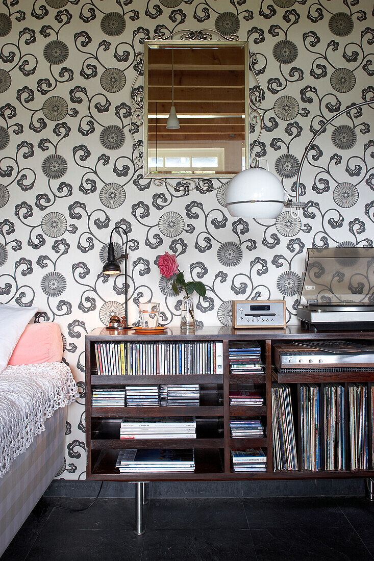 Patterned wallpaper, CDs and record collection