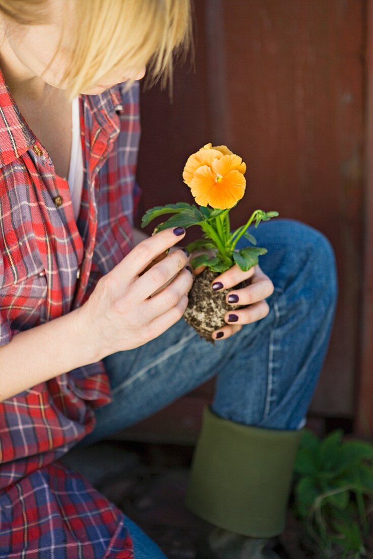 Frau pflanze Blume im Garten