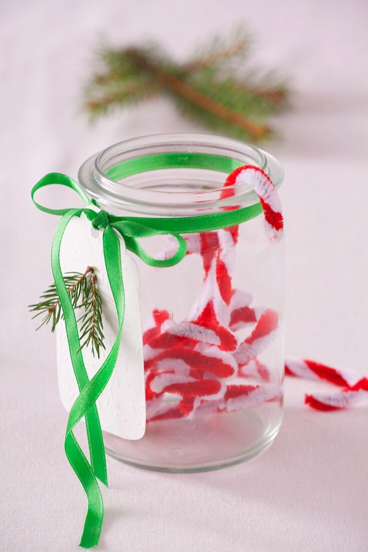 Preserving jar with Christmas decorations