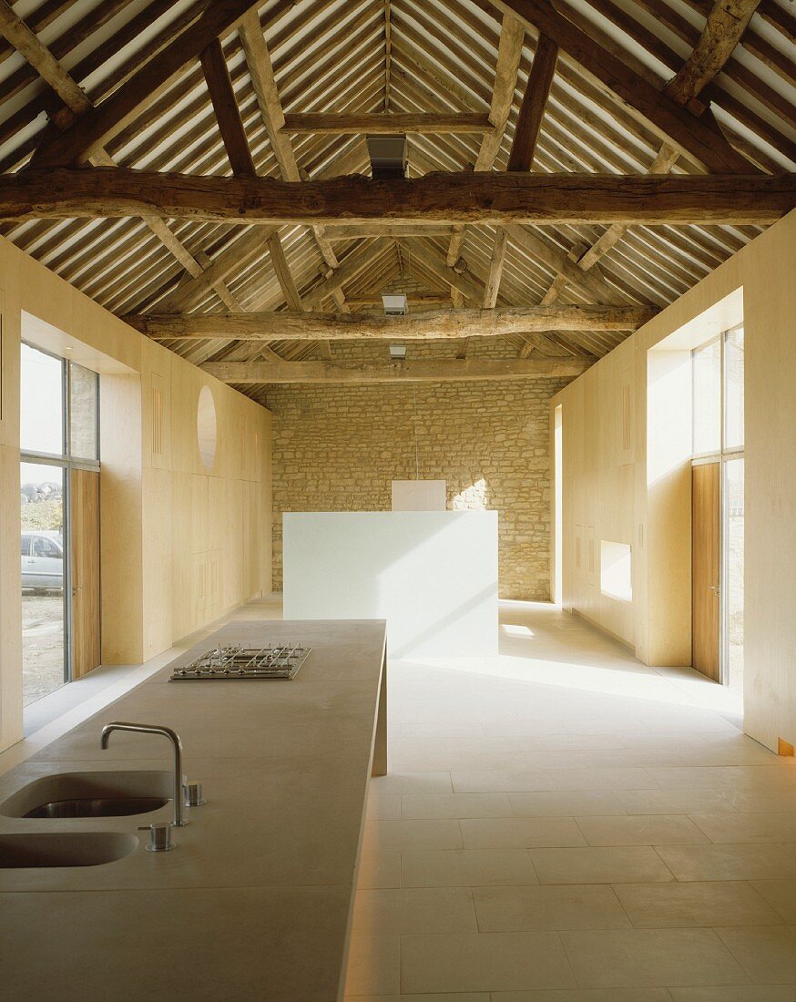 Im Designerstil ausgebauter offener Wohnraum mit Küchenbereich und Blick in alten Dachstuhl