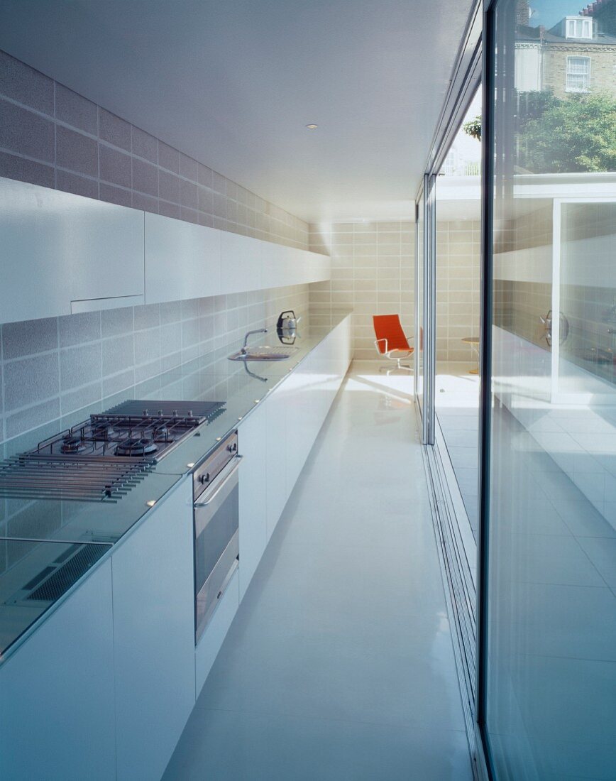 Long, narrow room with fitted kitchen opposite glass wall