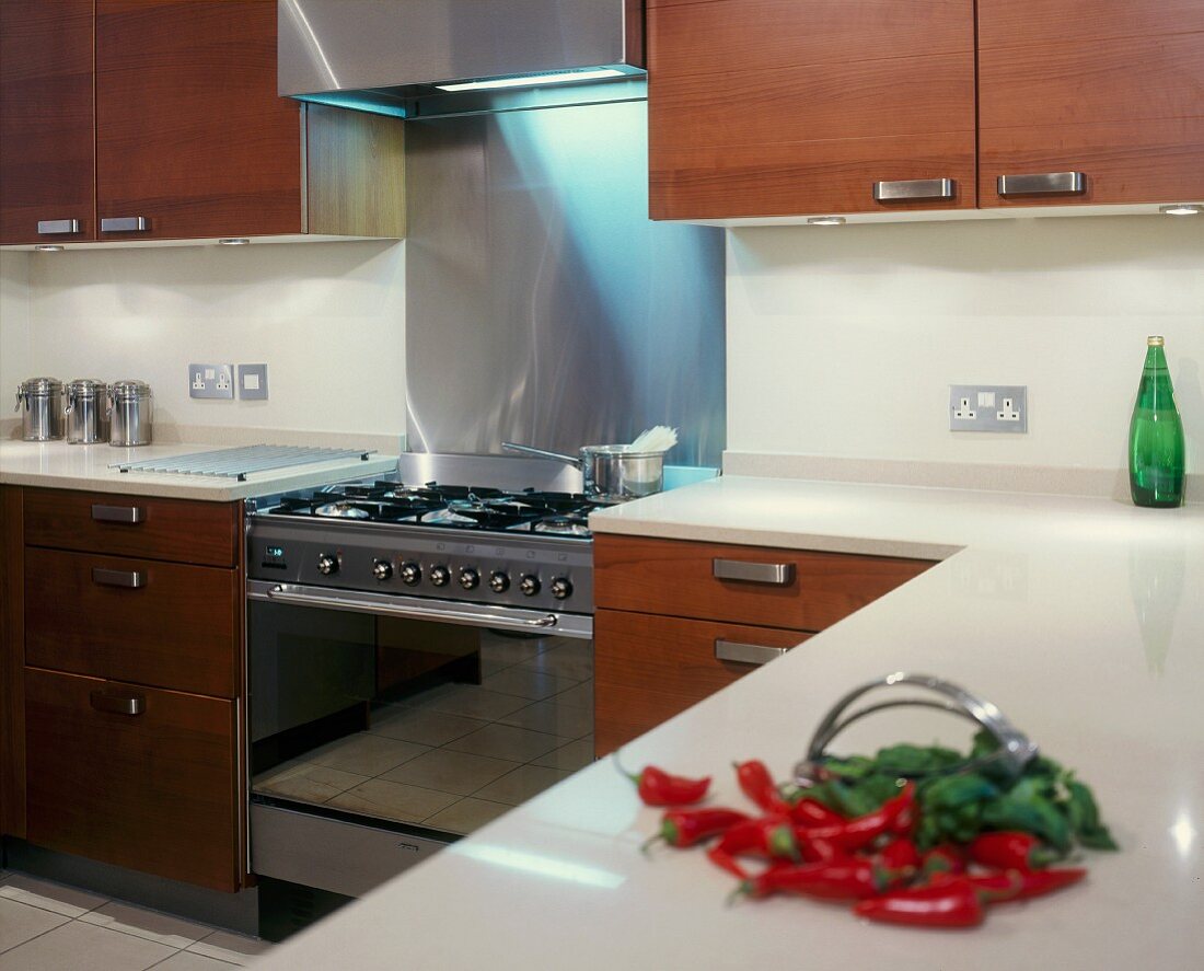 Moderne Einbauküche mit kräftigen Edelstahlgriffen an Holzfronten und Edelstahl-Kocheinheit