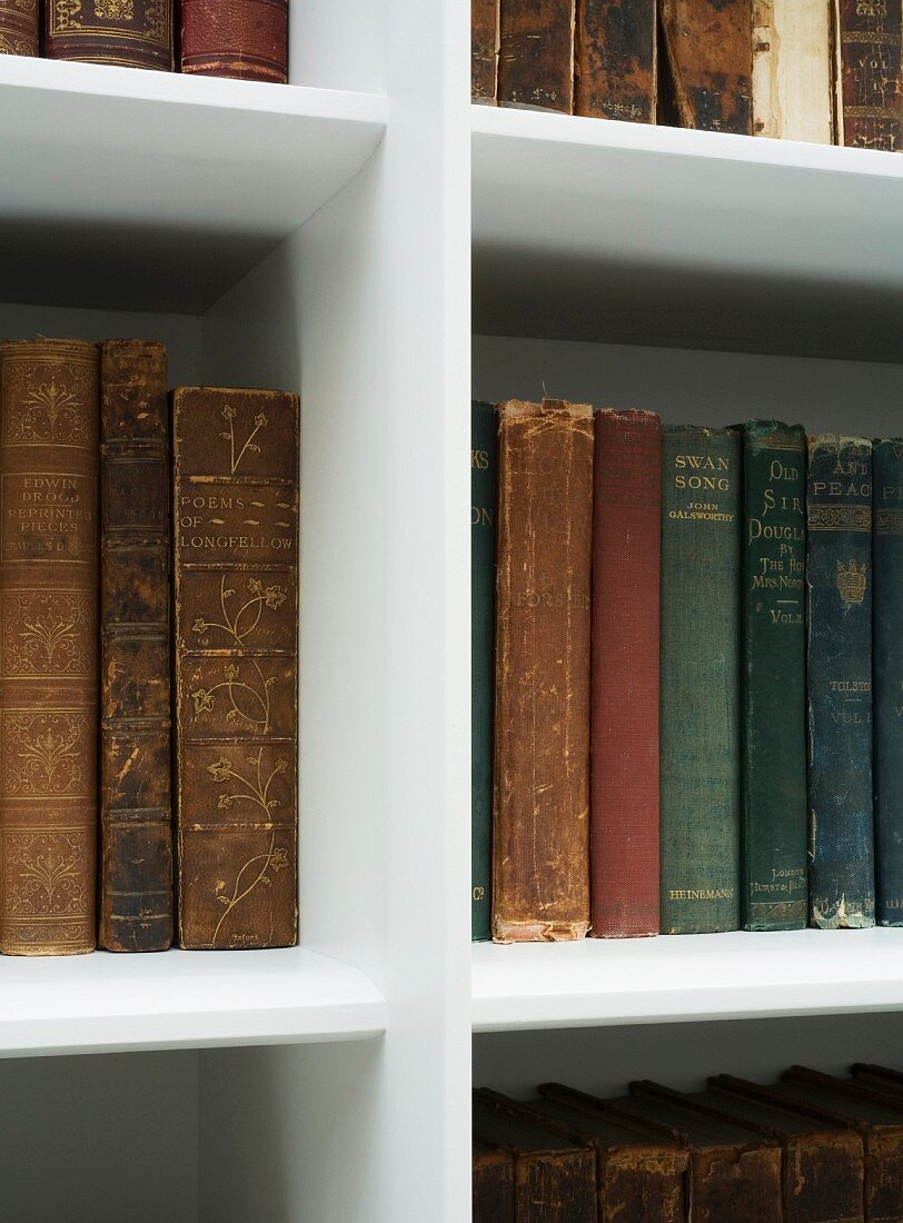 Antiquarian books in white, modern bookcase with tapered edge profiles