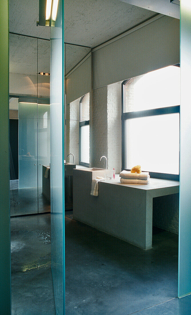 Minimalist bathroom with concrete washbasin and glass shower