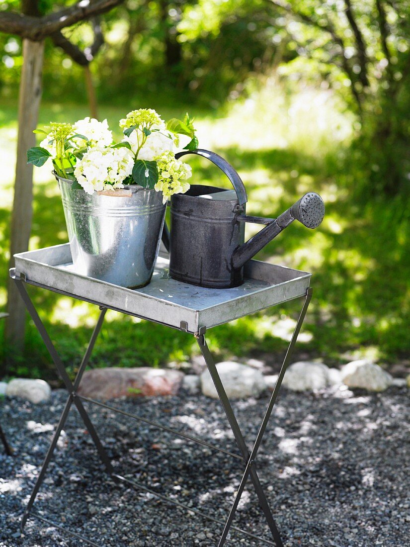 Zinc watering can and bucket containing flowers