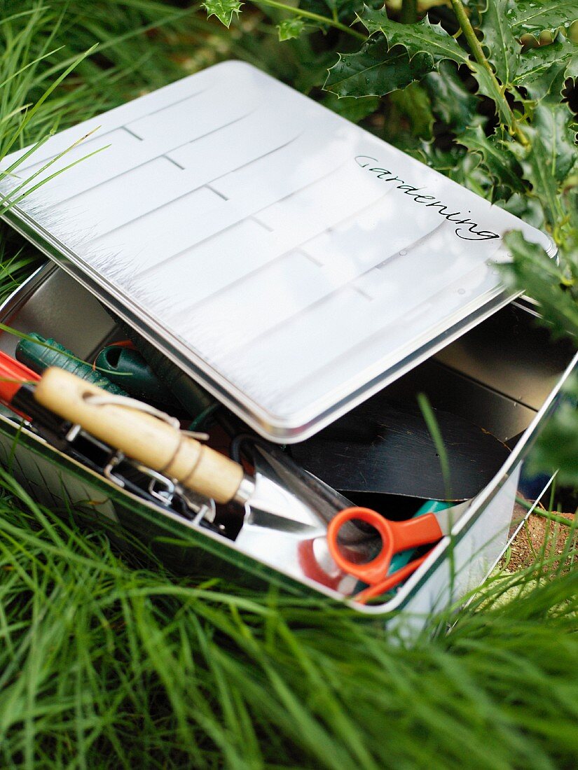 Metal tin with garden tools in the grass