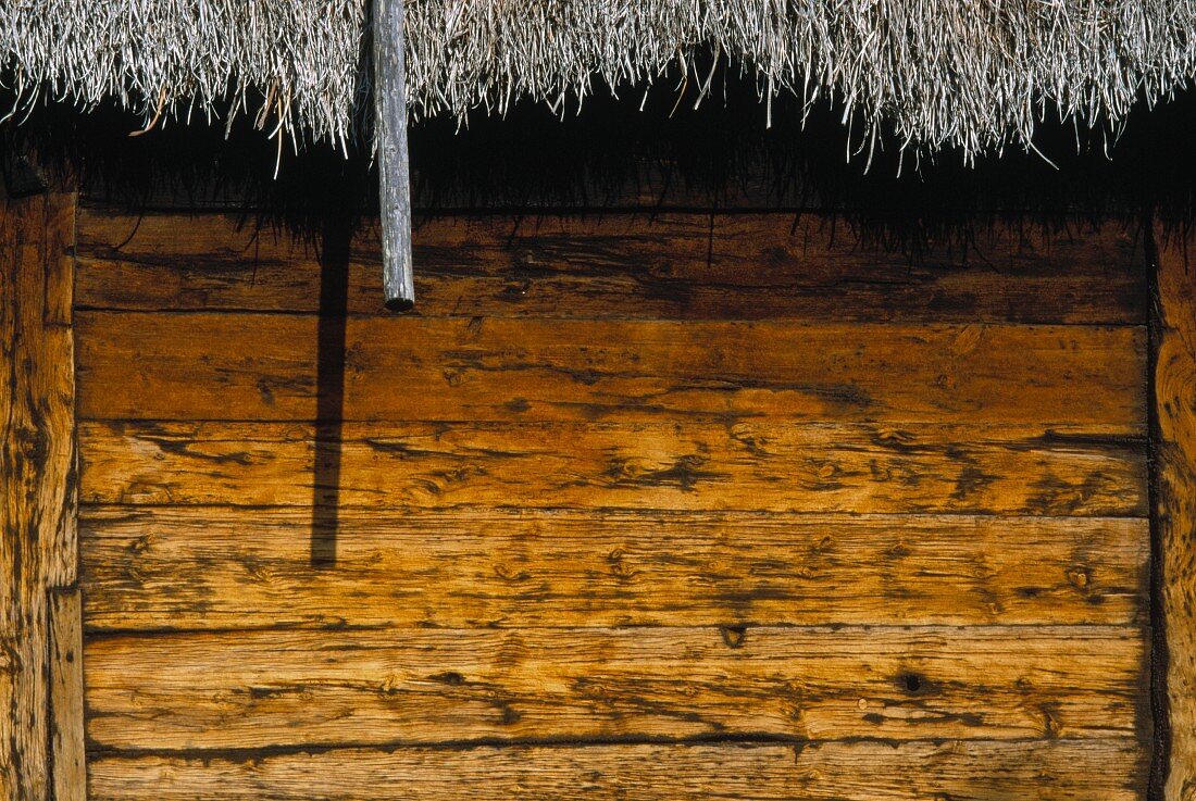 Wand einer Holzhütte mit Schilfdach