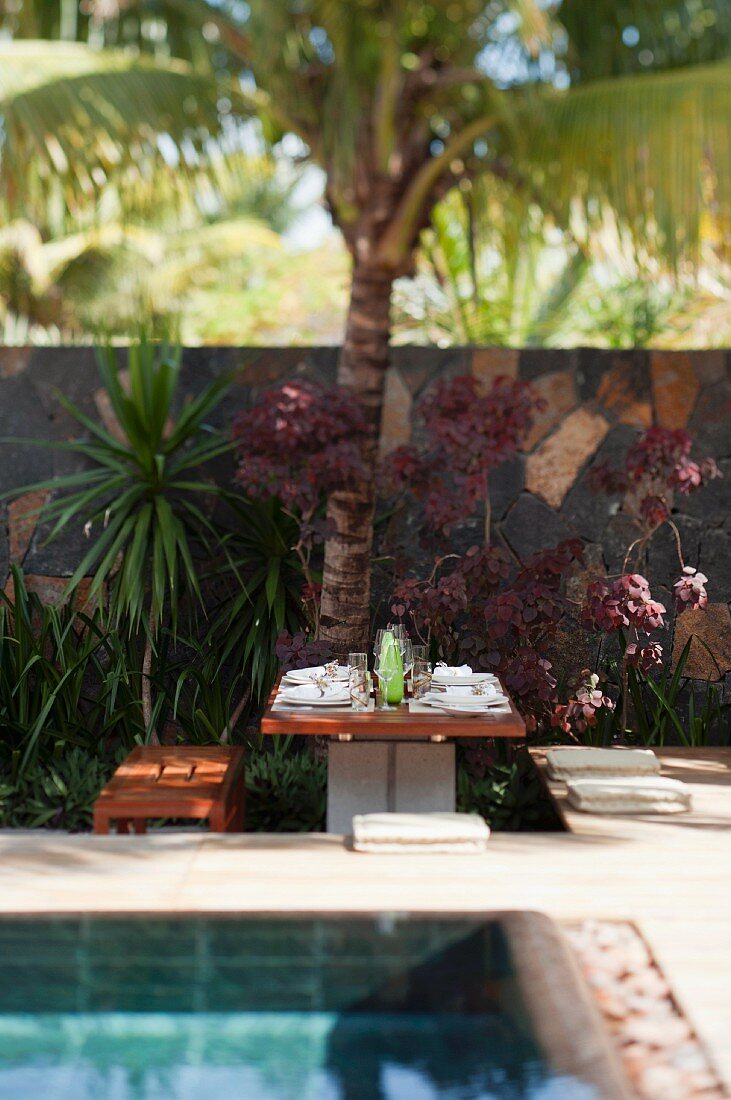 Set table beneath palm trees in garden next to pool
