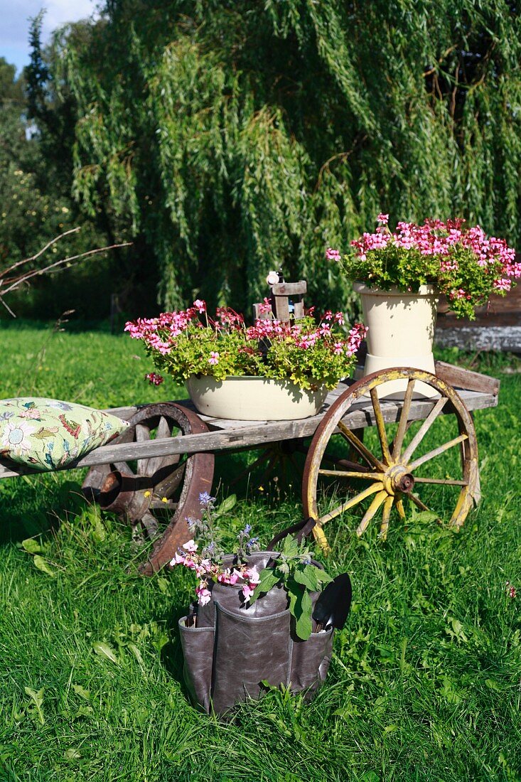 Alter Leiterwagen mit Blumen als Gartendeko