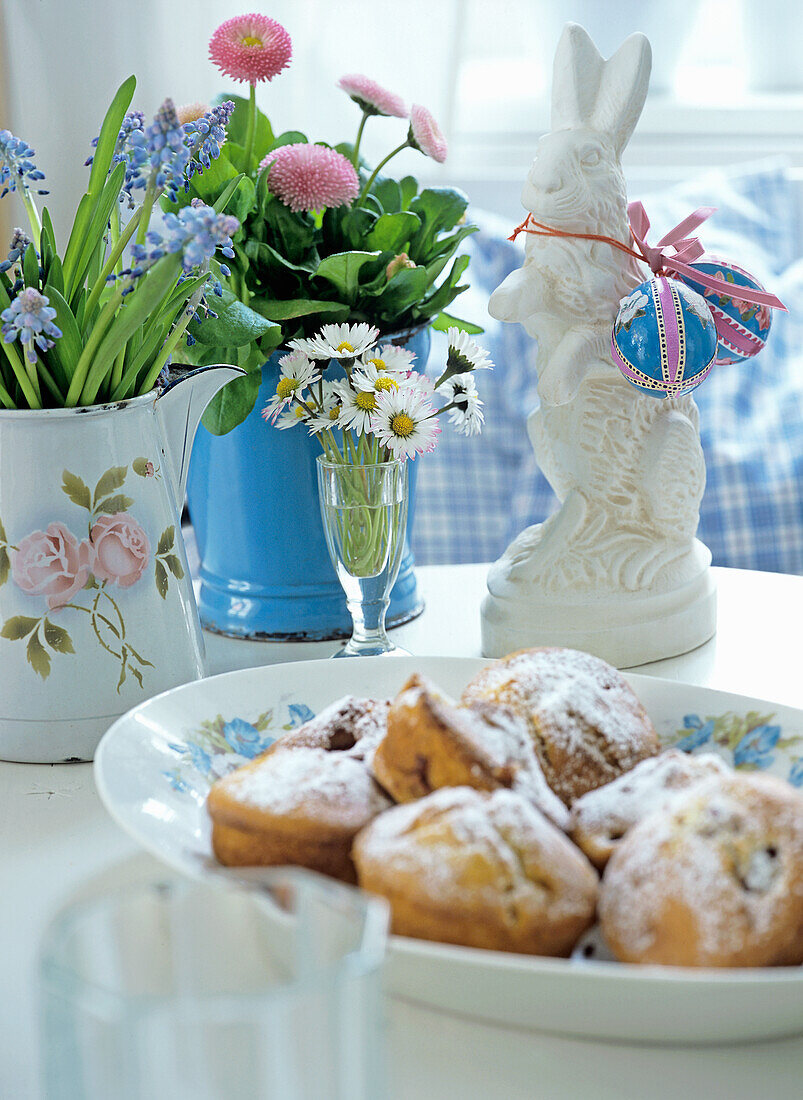 Easter brunch with pastries and spring decorations