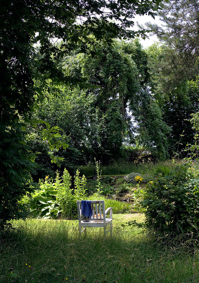 Stuhl steht mit Blick auf den Teich im sommerlichen Garten
