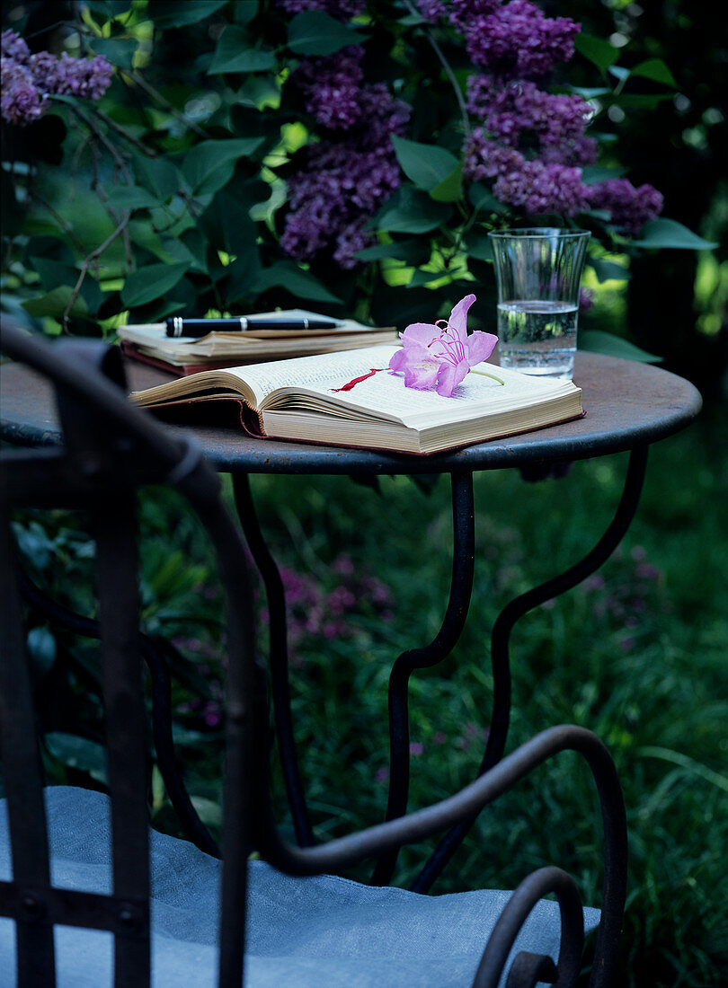 Open book on metal garden table in front of purple flowering lilac