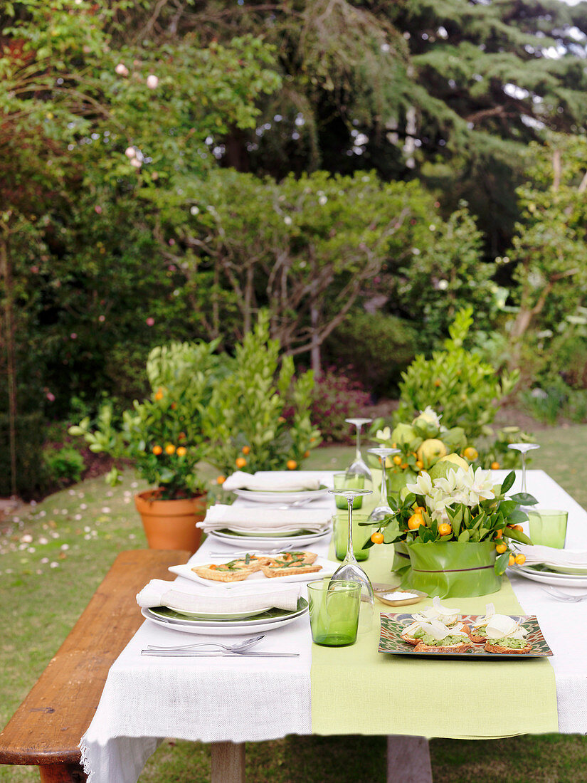 Gedecketer Gartentisch mit Tischdekoration und Vorspeisen