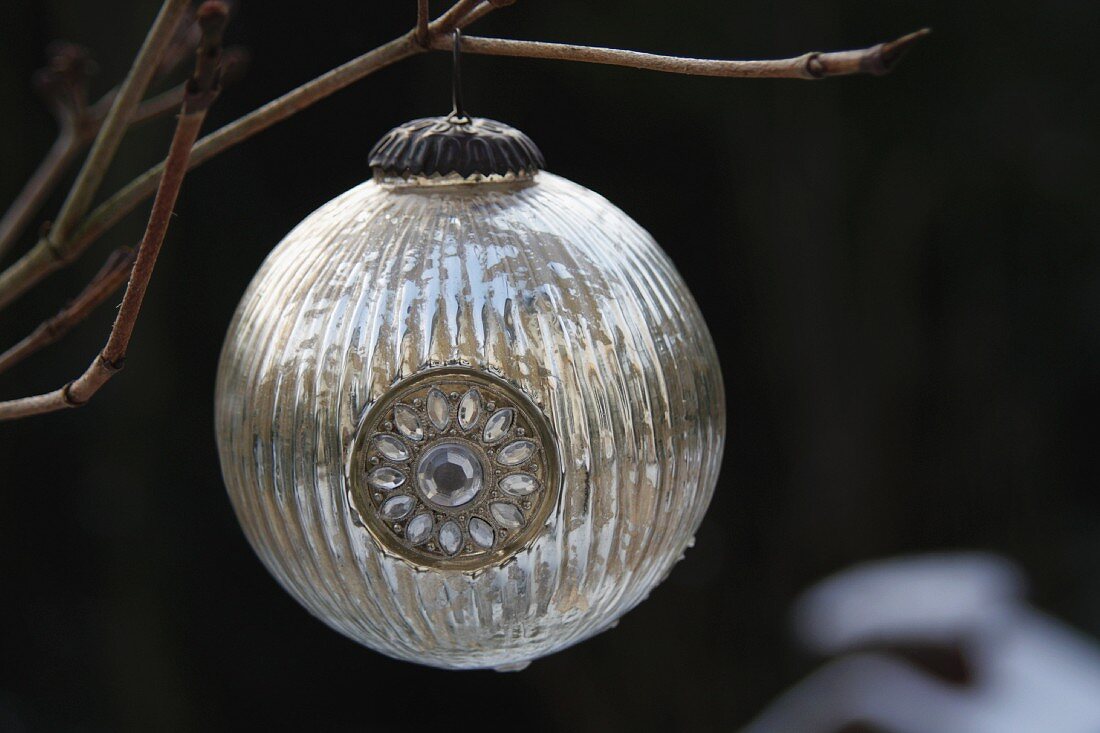 Silver Christmas bauble on branch