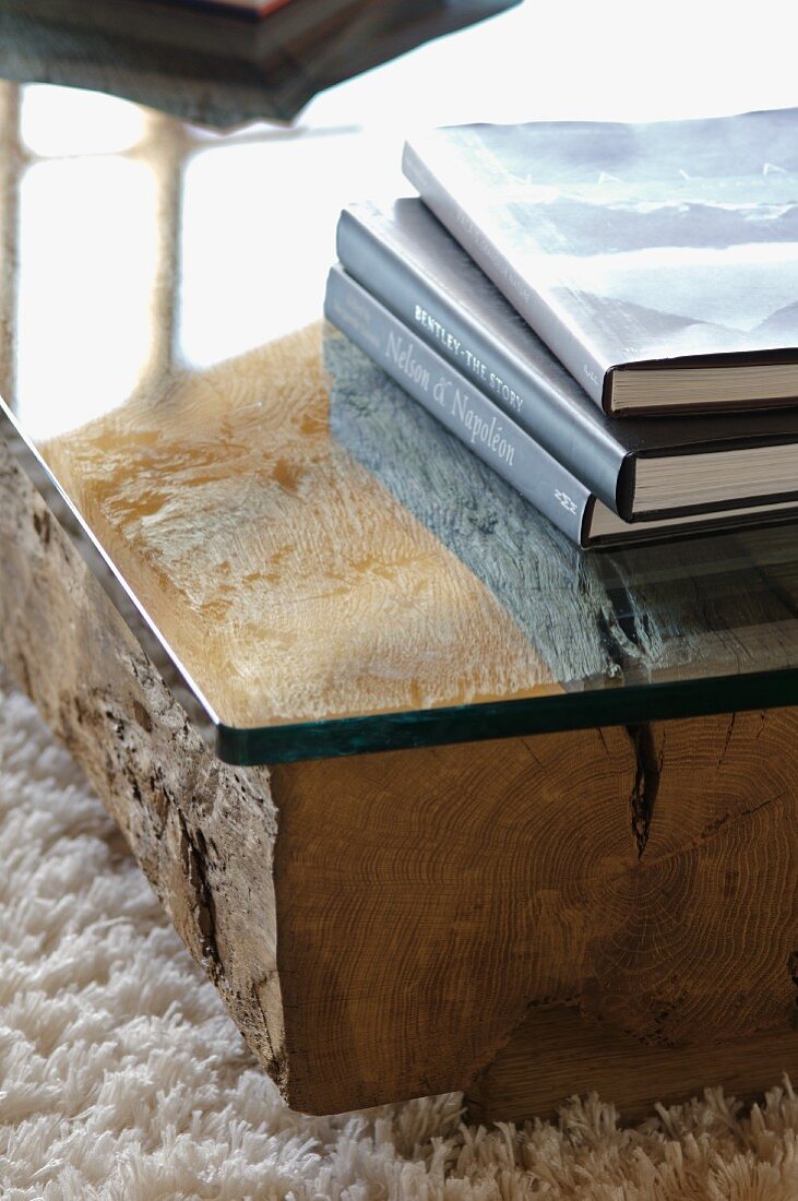 Bücherstapel auf bodennahem Tisch mit Glasplatte auf Holzstamm