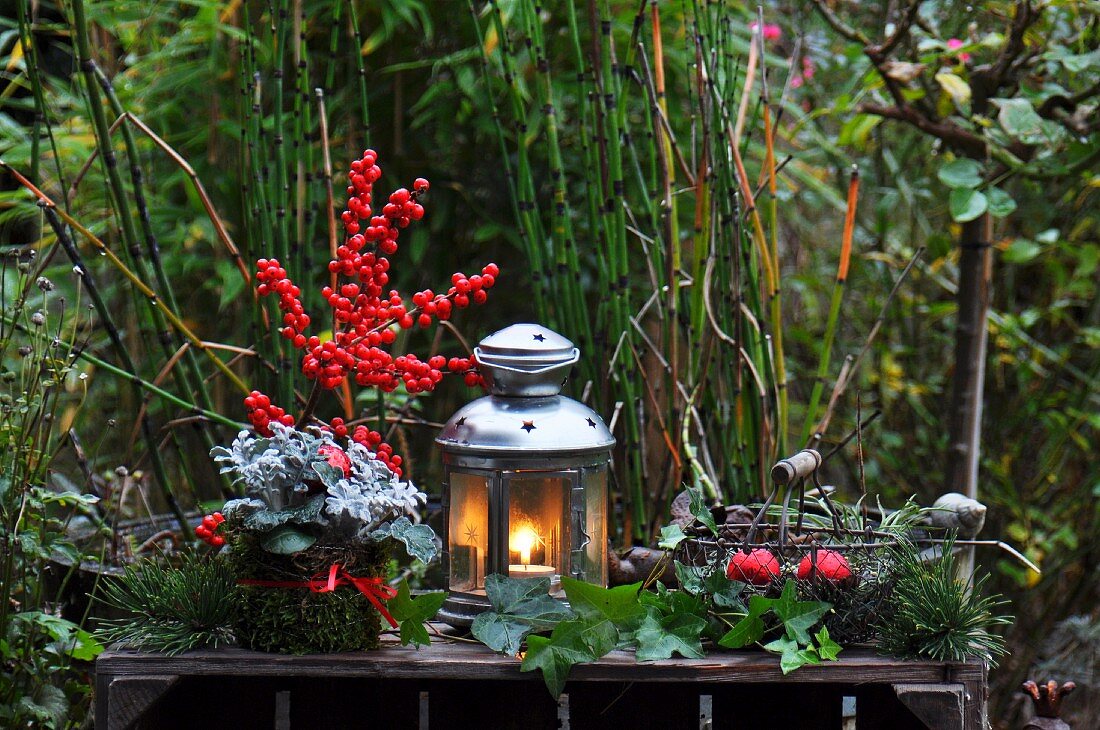 Advent garden decoration with lantern
