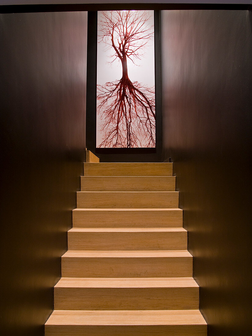 Treppenhaus mit hellen Holztreppen, dunklen Wänden und einem Poster-Foto