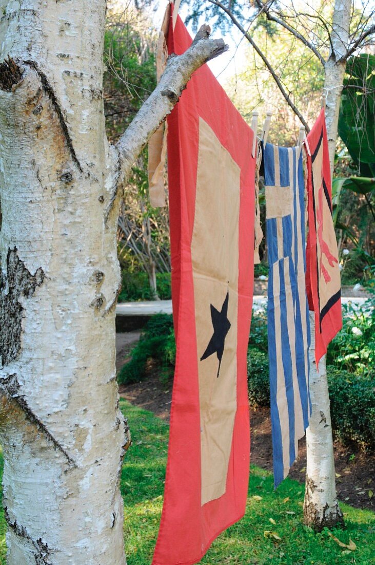 Various flags hanging between trees in garden
