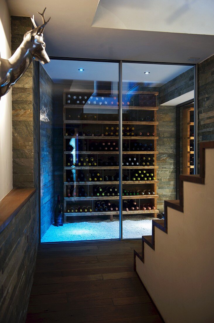 An ante room with a metal animal head on the wall and a view through closed glass doors onto a wine shelf