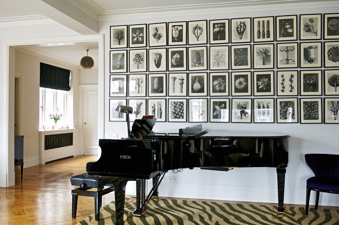 Concert grand piano against wall with gallery of pictures in open-plan music room