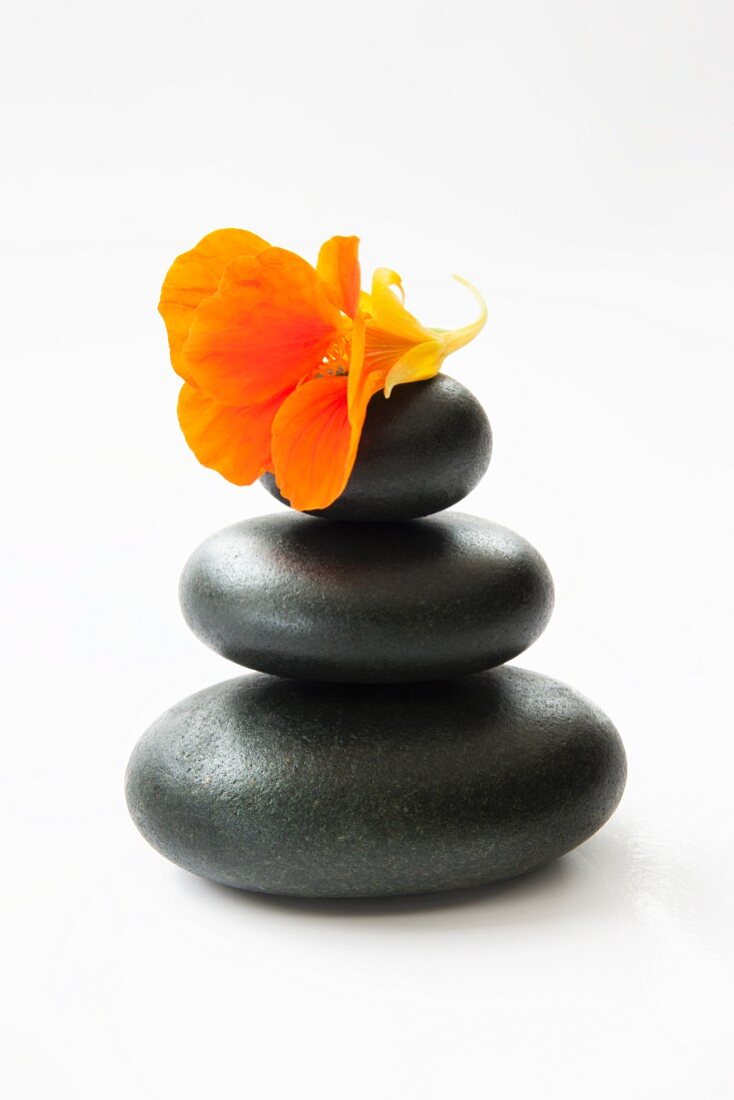 Three stacked black stones with nasturtium flower