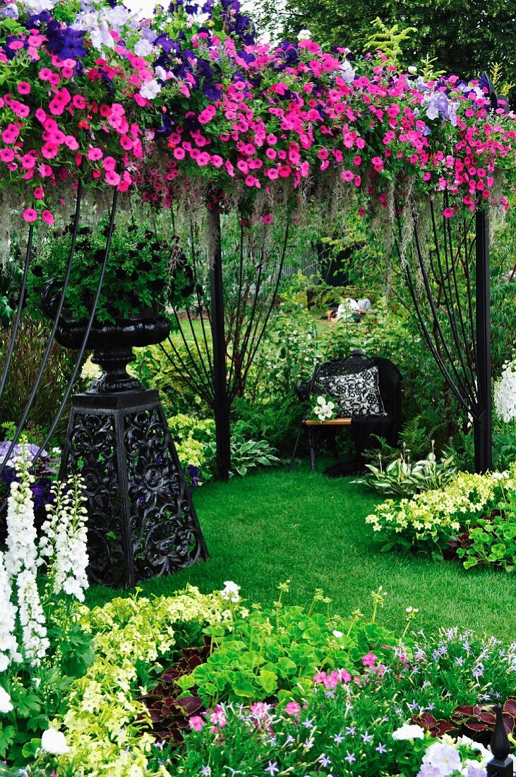 Garten mit blühenden Blumen auf Pergola