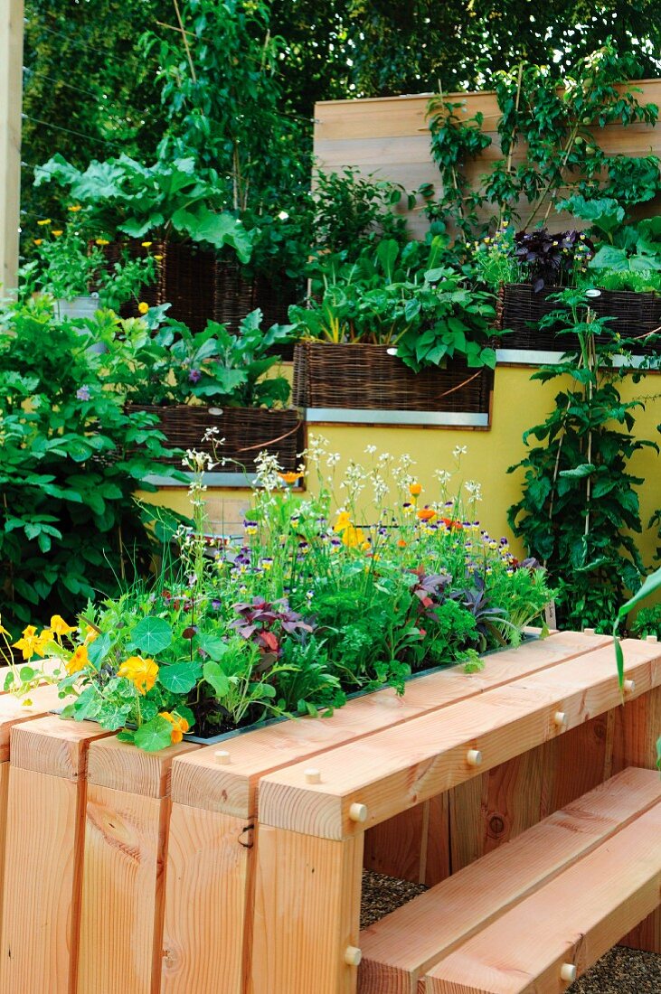 Table with integrated planter in front of potted herbs on stepped garden wall