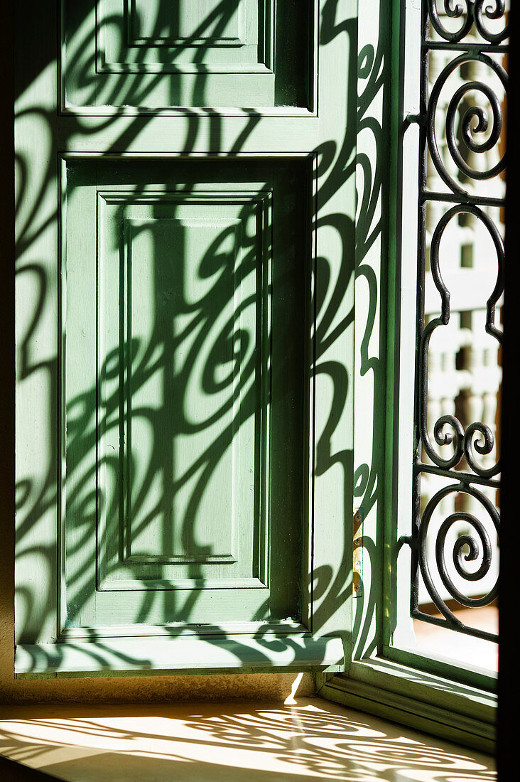 Play of light and shadow on interior window shutter