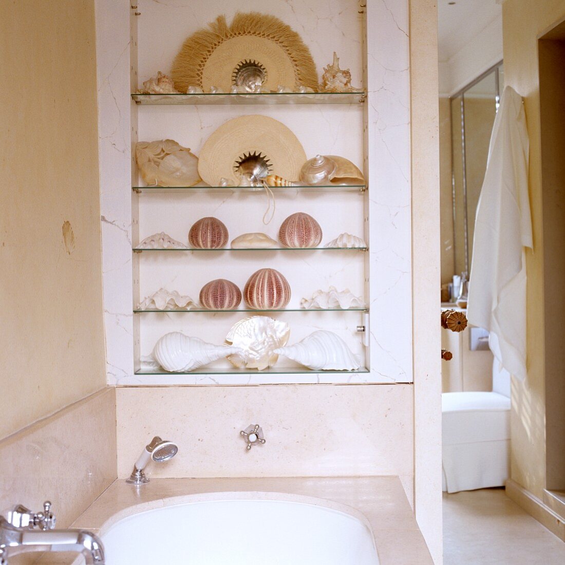 Vintage-style bathtub below seashells on glass shelves in niche