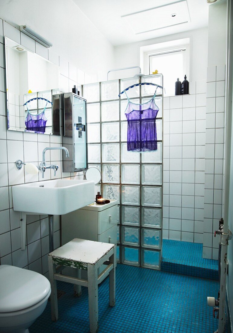 White bathroom with floor of blue mosaic tiles and glass brick shower partition