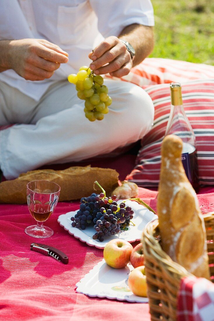 Picknick auf der Wiese - Mann sitzt auf roter Decke vor Weintrauben, Glas Wein und Korb mit Brot