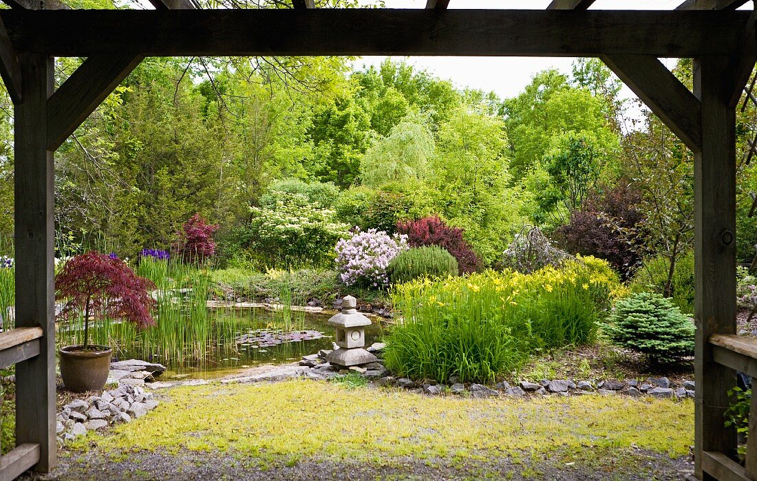 Pond in Japanese spring garden