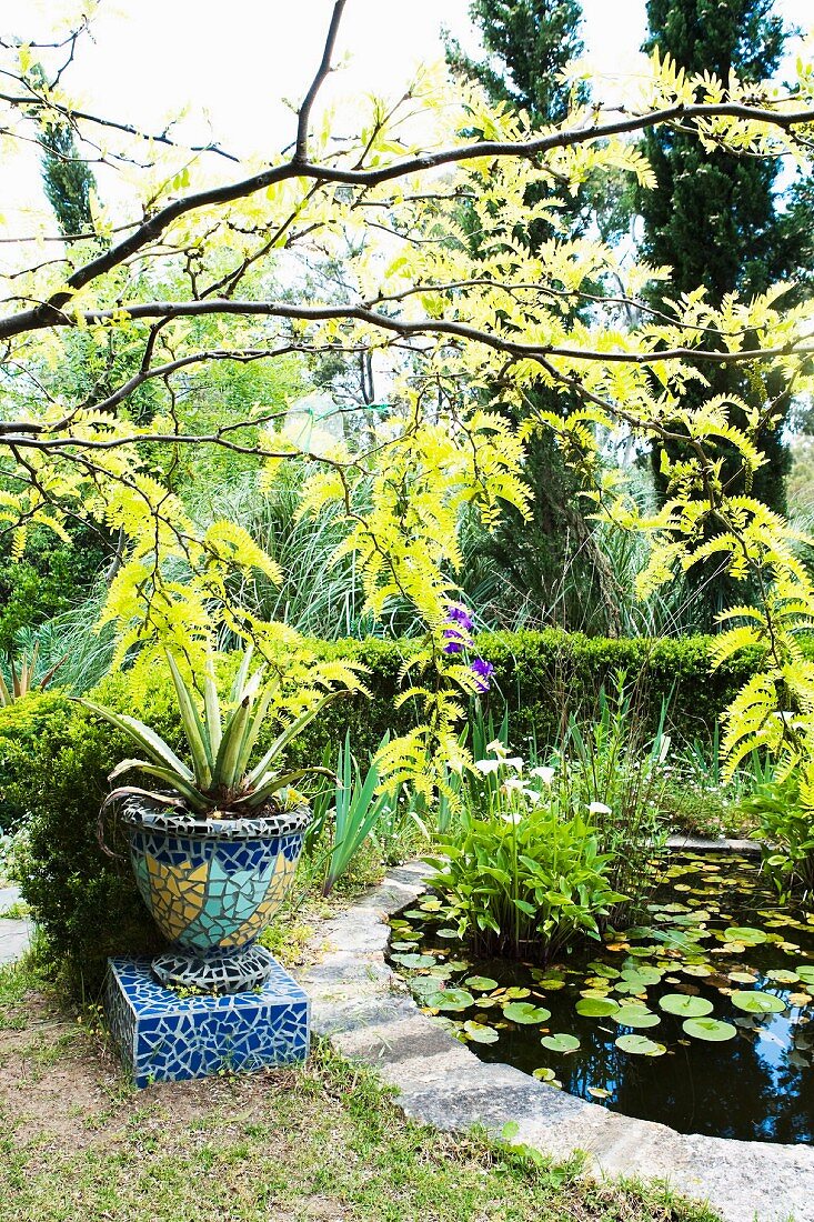 Pflanzentopf aus bunten Mosaik-Scherben am Teich in mediterranem Garten