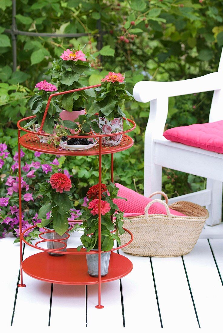White wooden deck with pink decorations and potted plants on small, red serving table with bottle rack