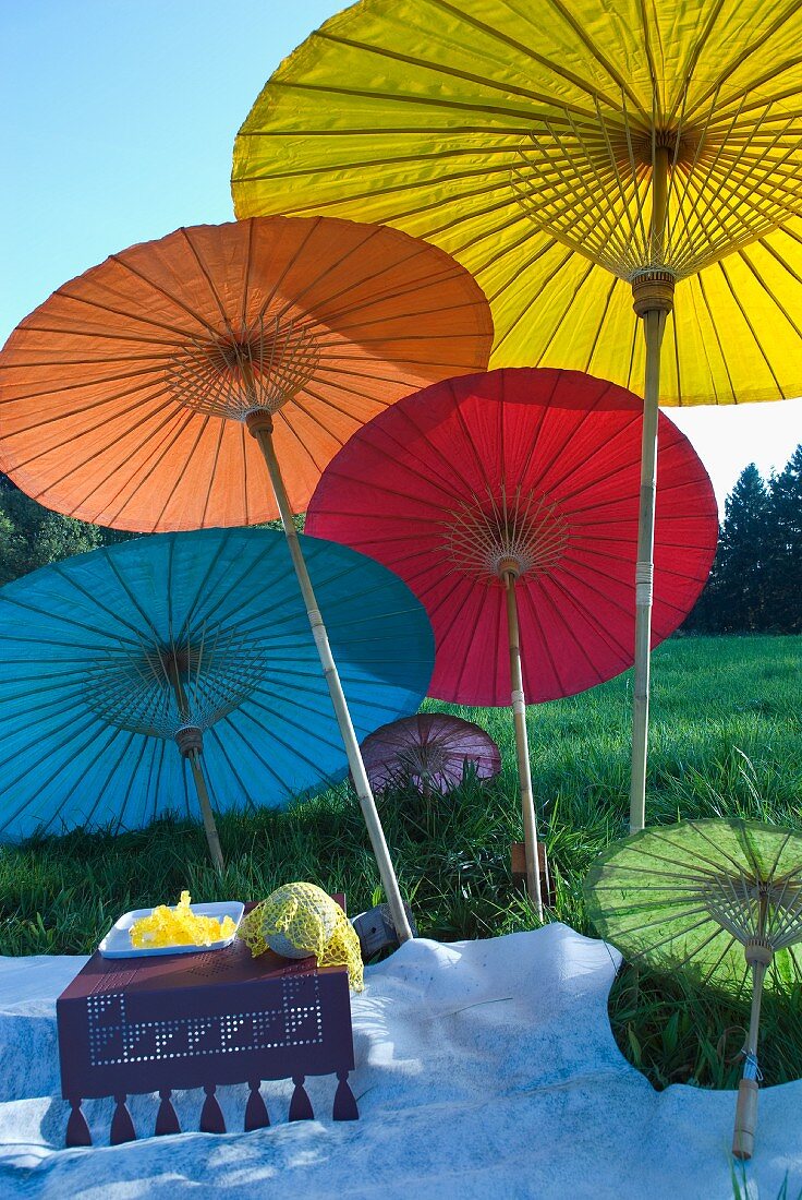 Brightly coloured parasols with bamboo shafts shading a picnic blanket