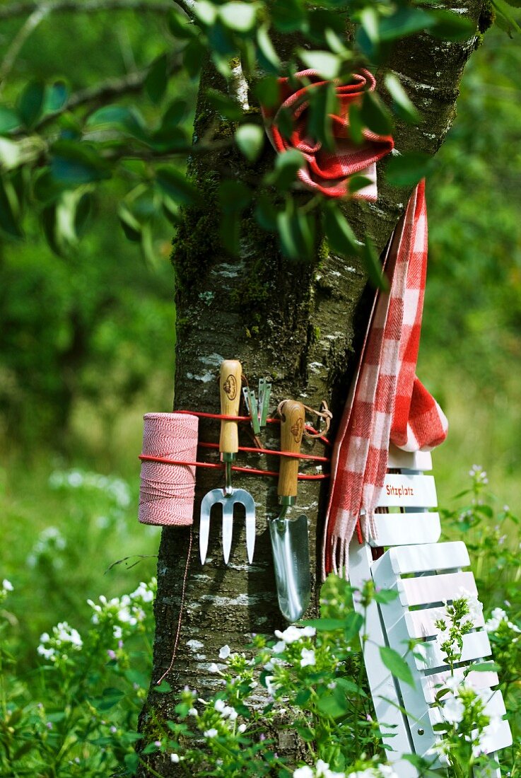 Tree decorated with gardening tools