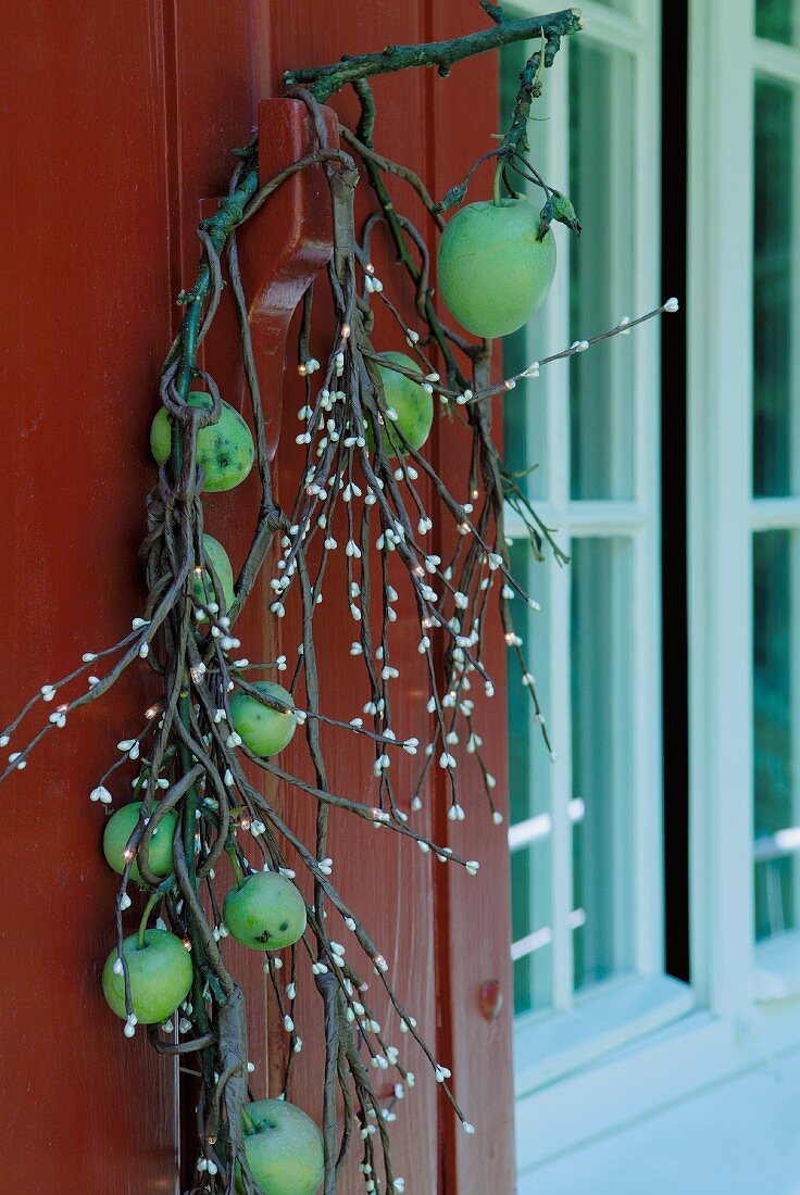 Branch of green apples wrapped with fairy lights decorating door