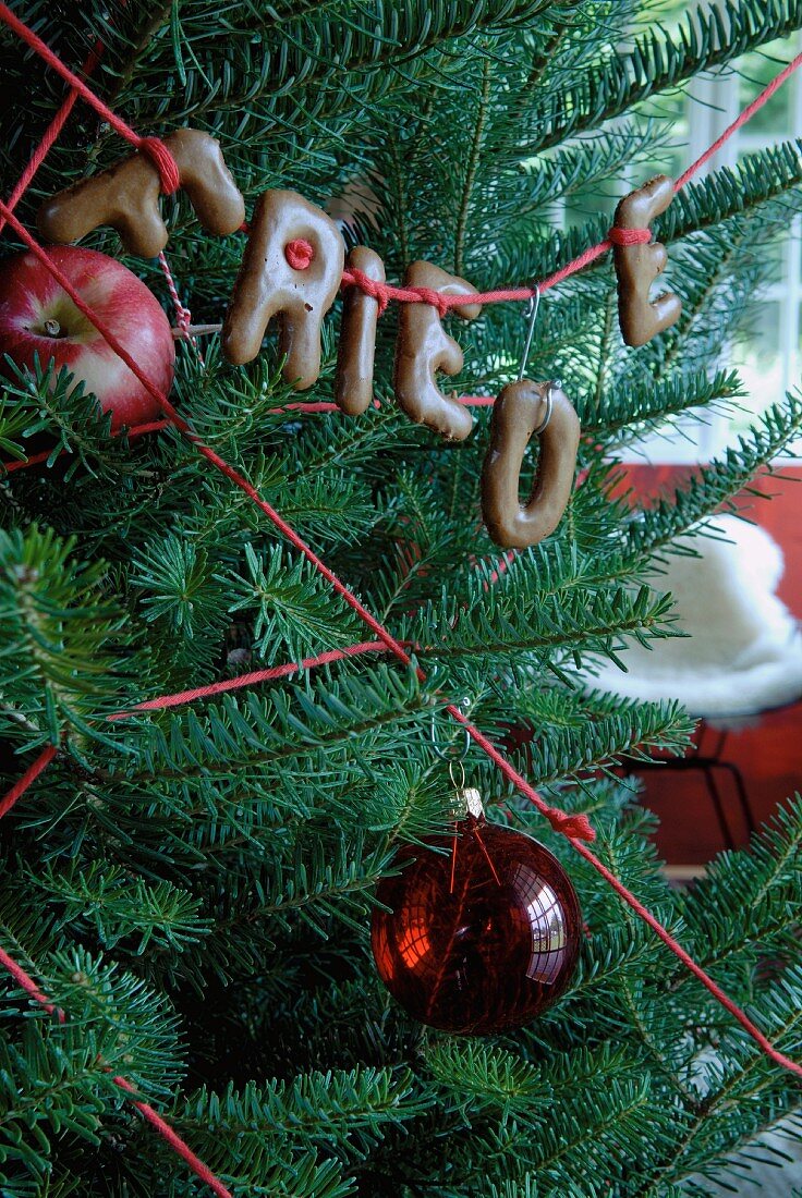 Weihnachtsbaum mit rotem Apfel, Wollschnur, Glaskugel und Schokobuchstaben