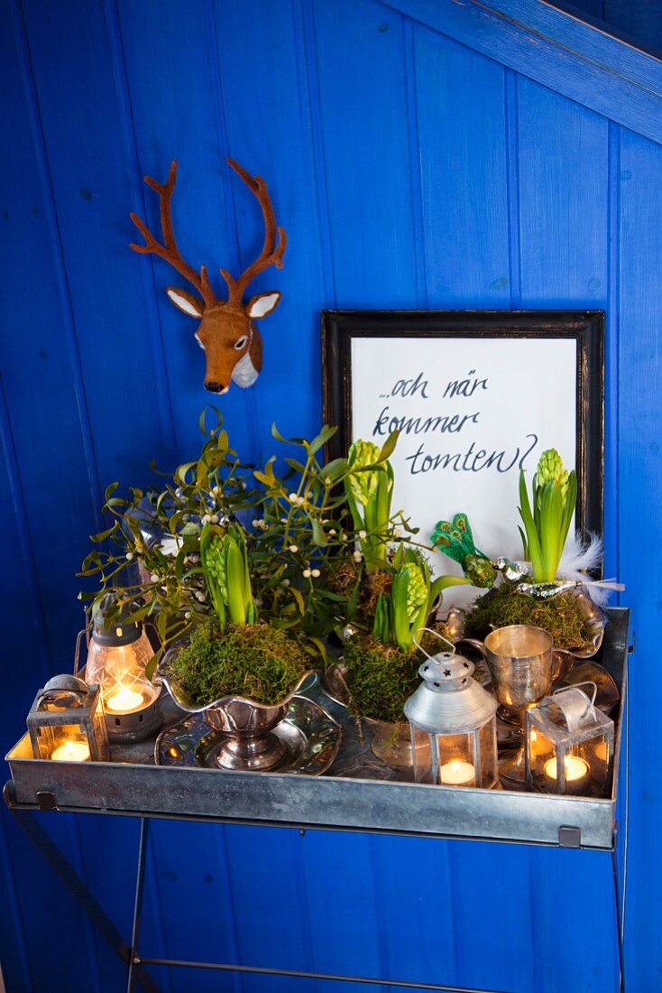 Christmas decorations on side table (Sweden)