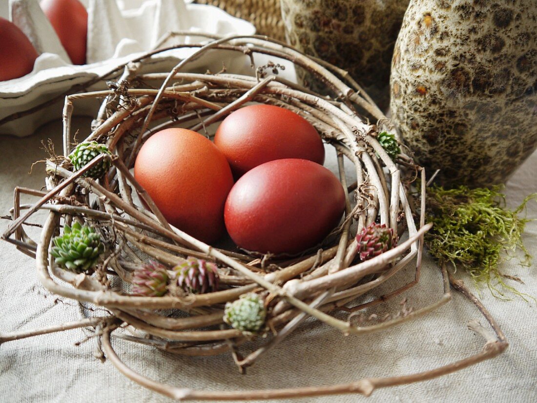Brown eggs in Easter nest