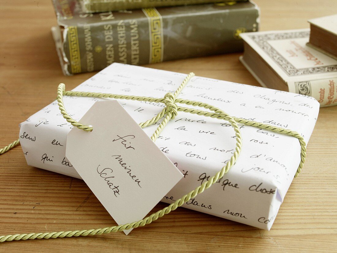 Wrapped gift with gift tag