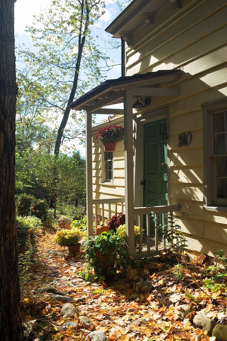 Sunny autumn day - leaf litter in front of front porch of clapboard house